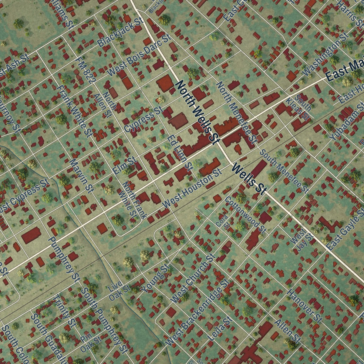 Close-up of the map of Edna, Texas print showing street and building detail
