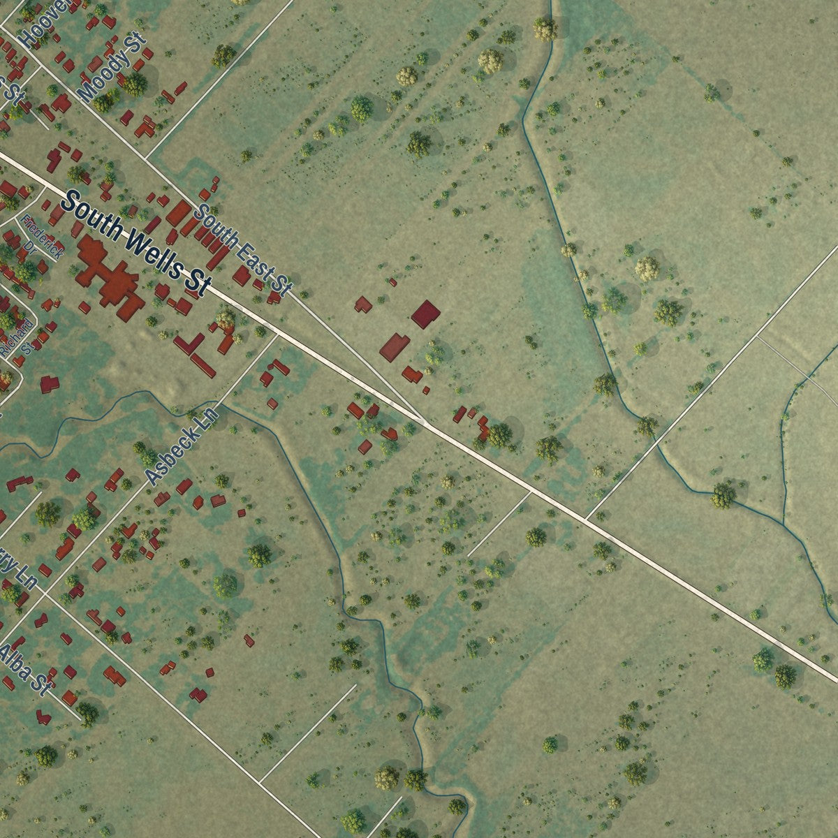 Second close-up of the map of Edna, Texas print showing more streets and buildings