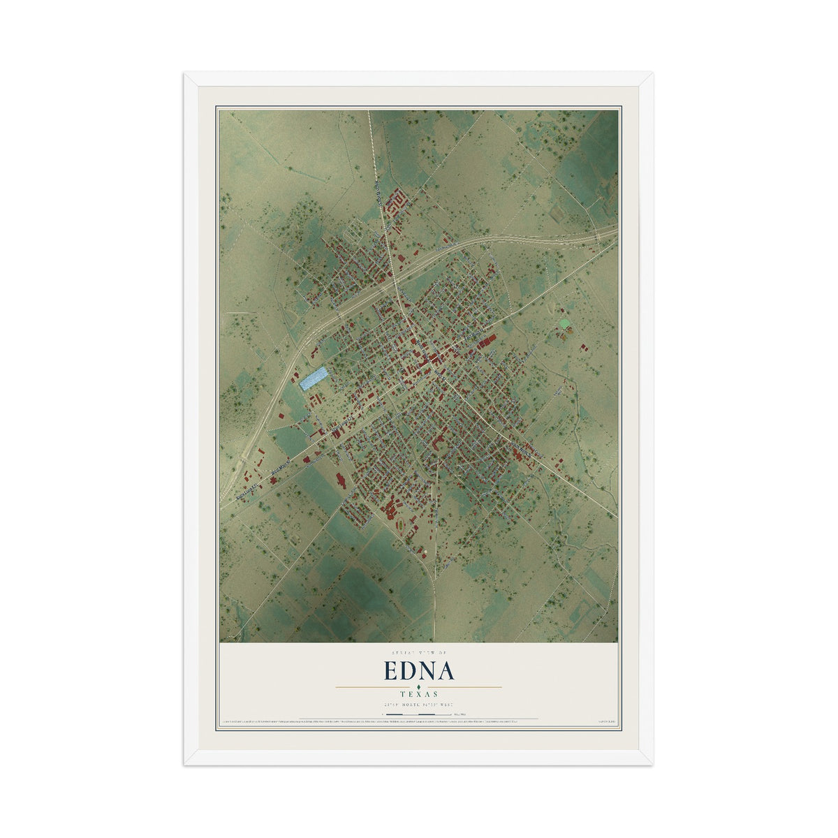 Map of Edna, Texas, 12 x 18 inch print in a white wood frame