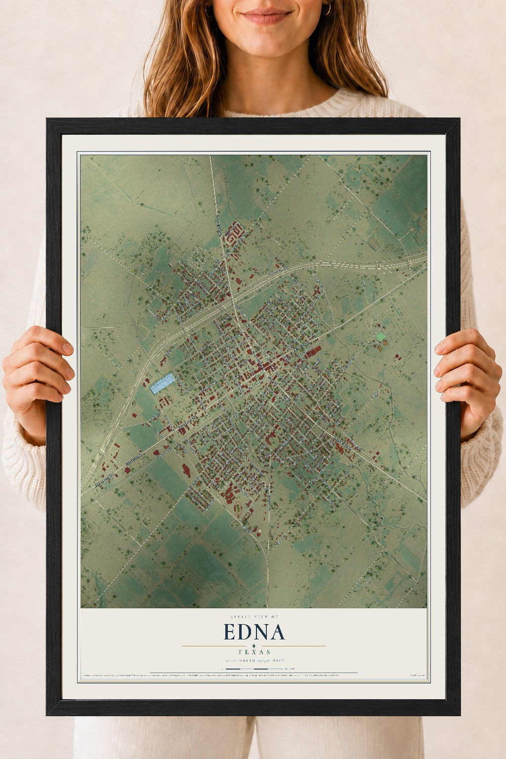 Map of Edna, Texas, 18 x 24 inch print in a black wood frame