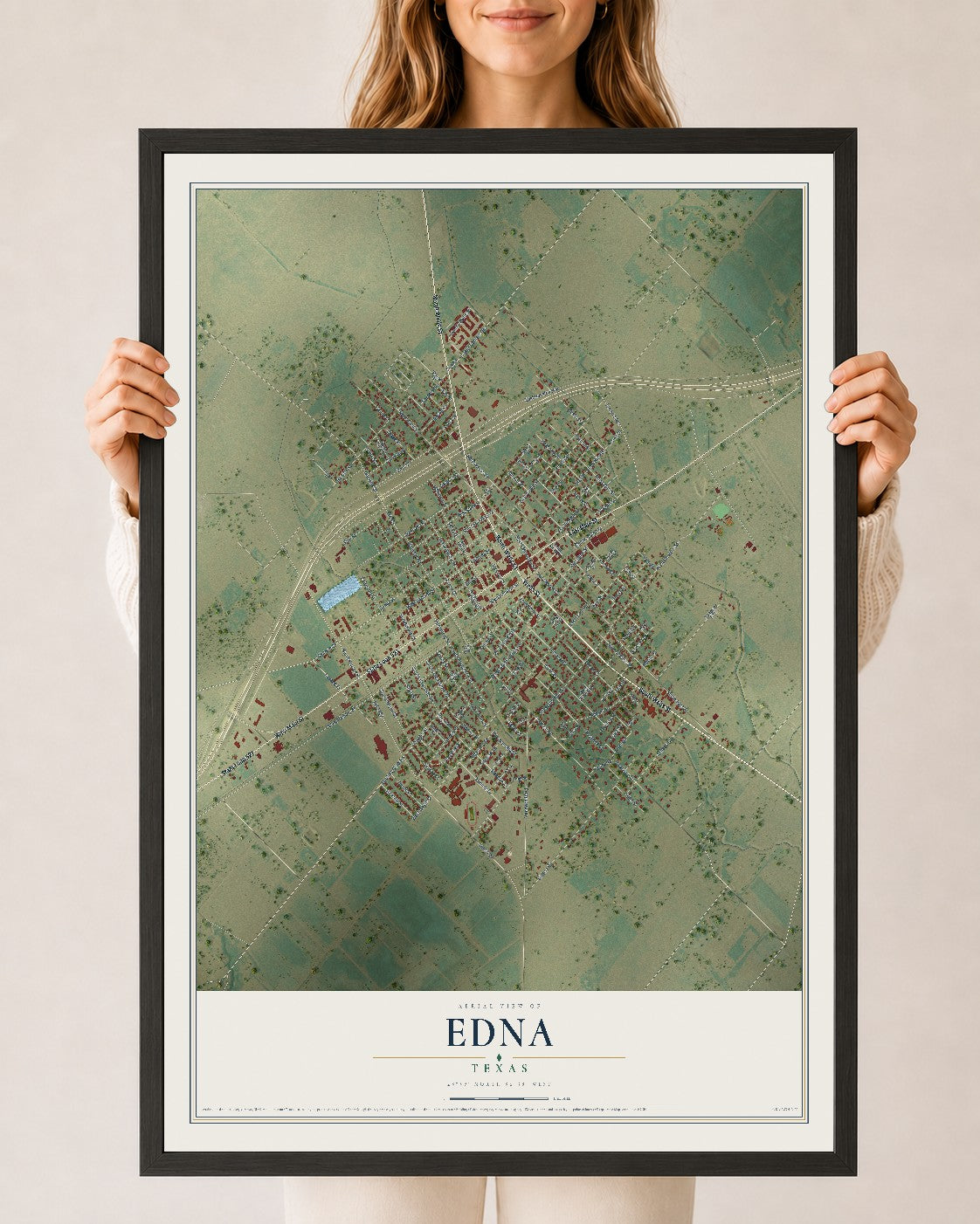 Map of Edna, Texas, 24 x 36 inch print in a black wood frame