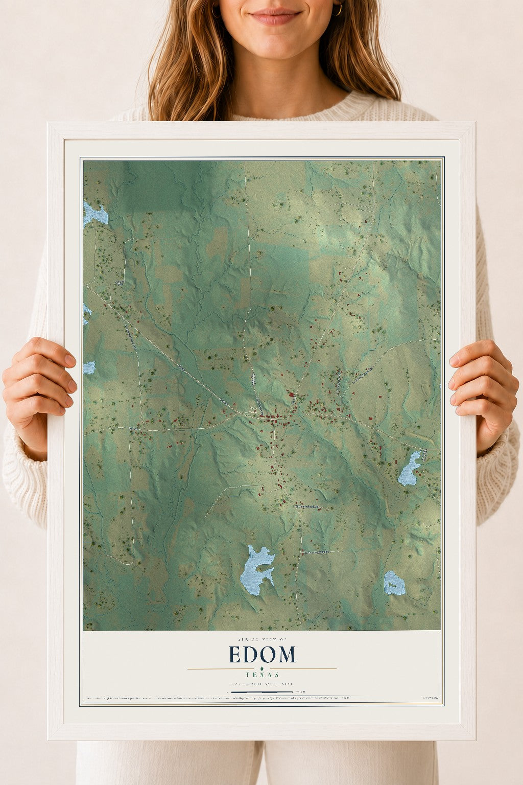 Map of Edom, Texas, 18 x 24 inch print in a white wood frame