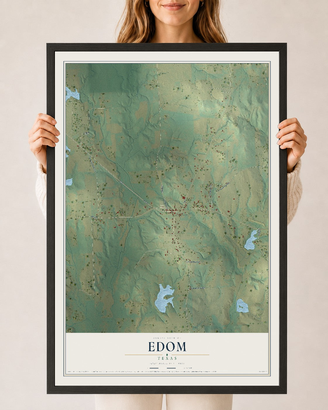 Map of Edom, Texas, 24 x 36 inch print in a black wood frame