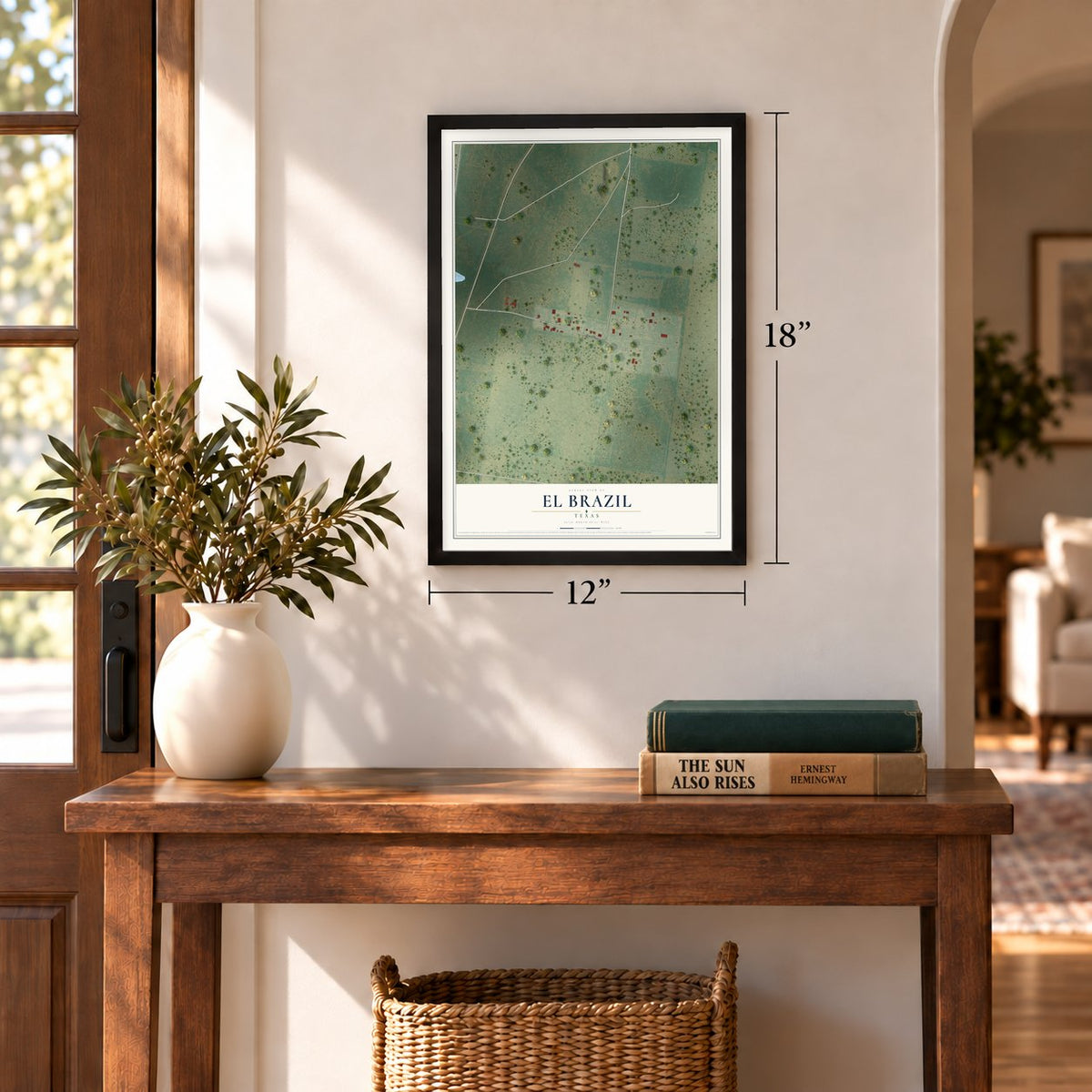 El Brazil, Texas map, 12 x 18 inch print in a black frame in an entryway