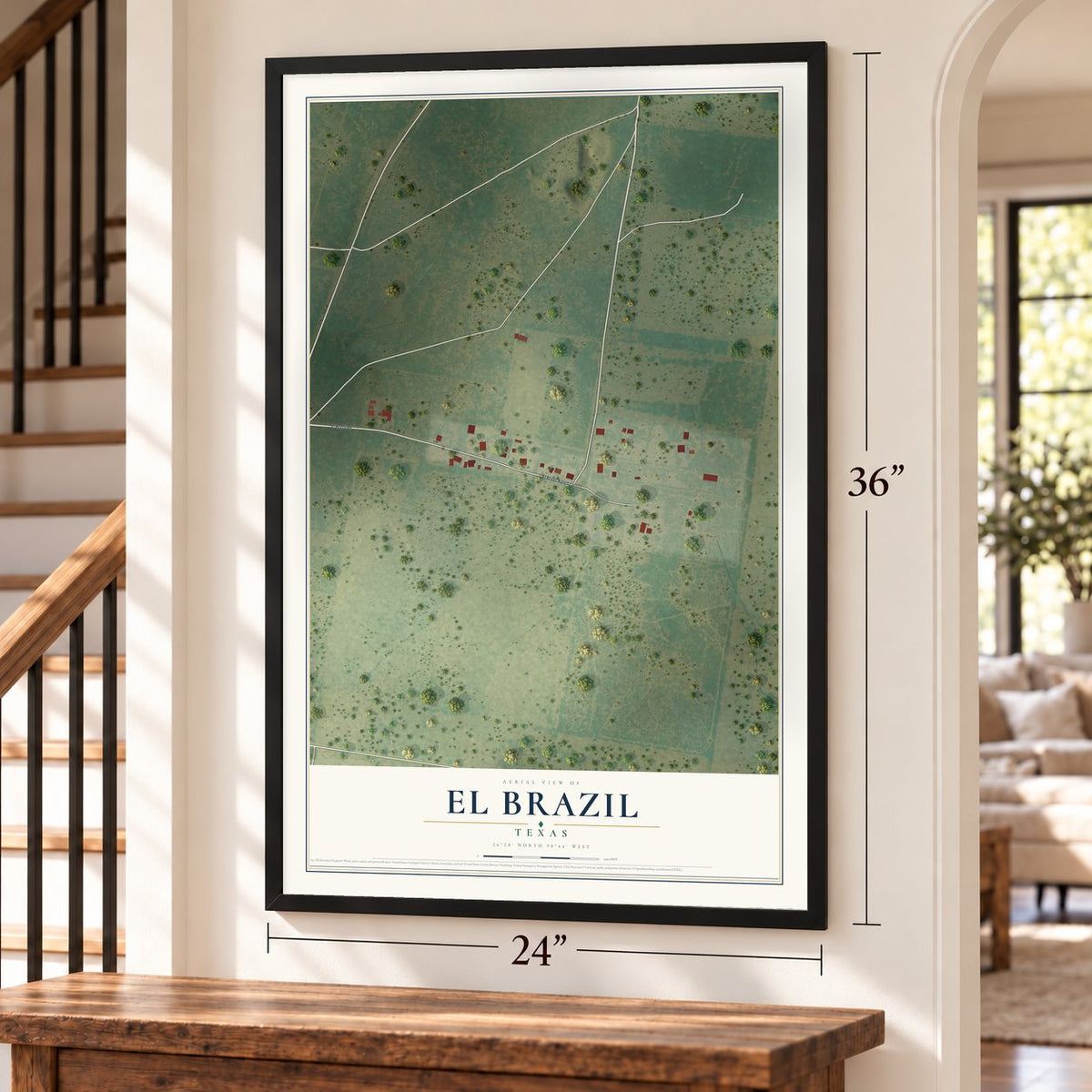El Brazil, Texas map, 24 x 36 inch print in a black frame by a staircase