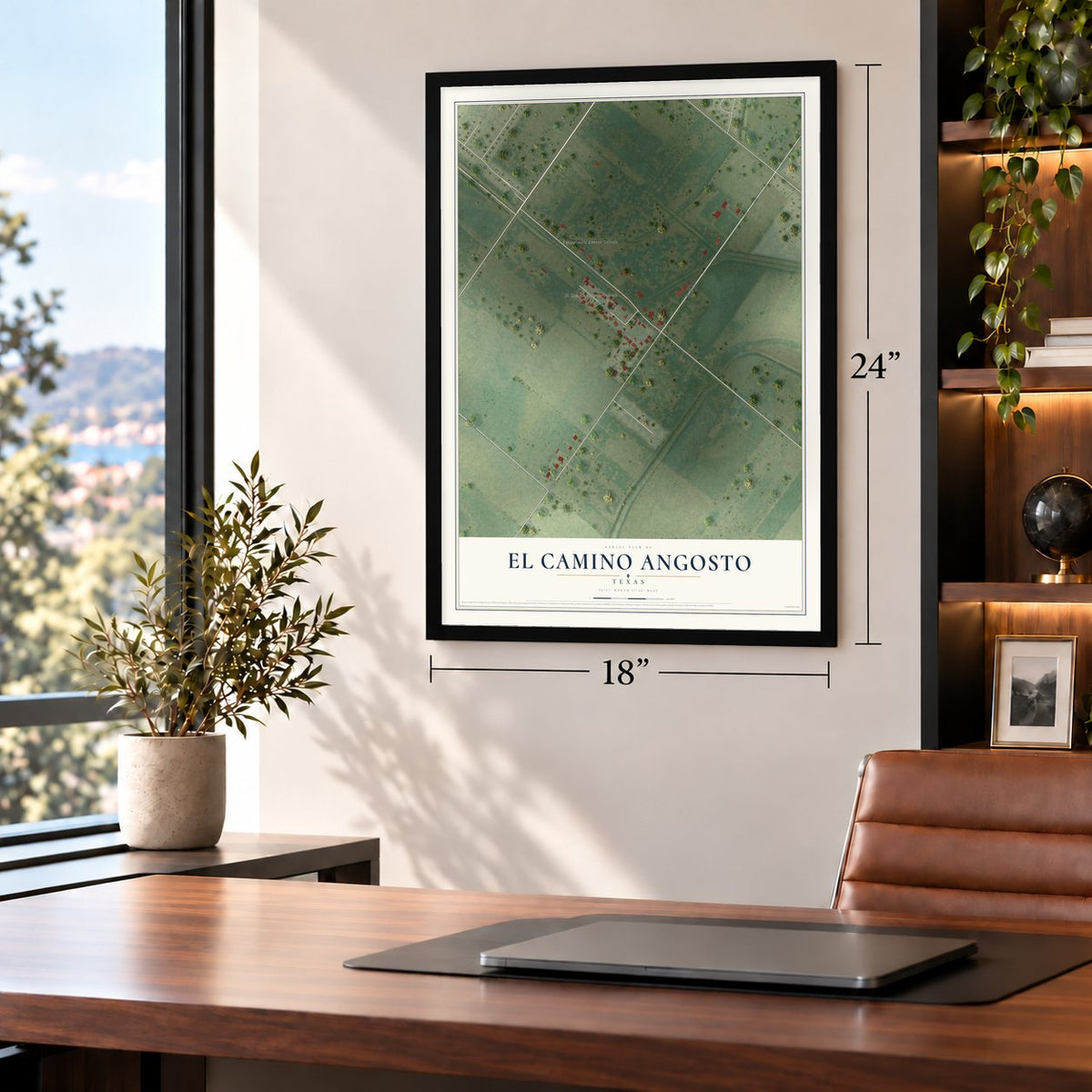 El Camino Angosto, Texas map, 18 x 24 inch print in a black frame in a home office