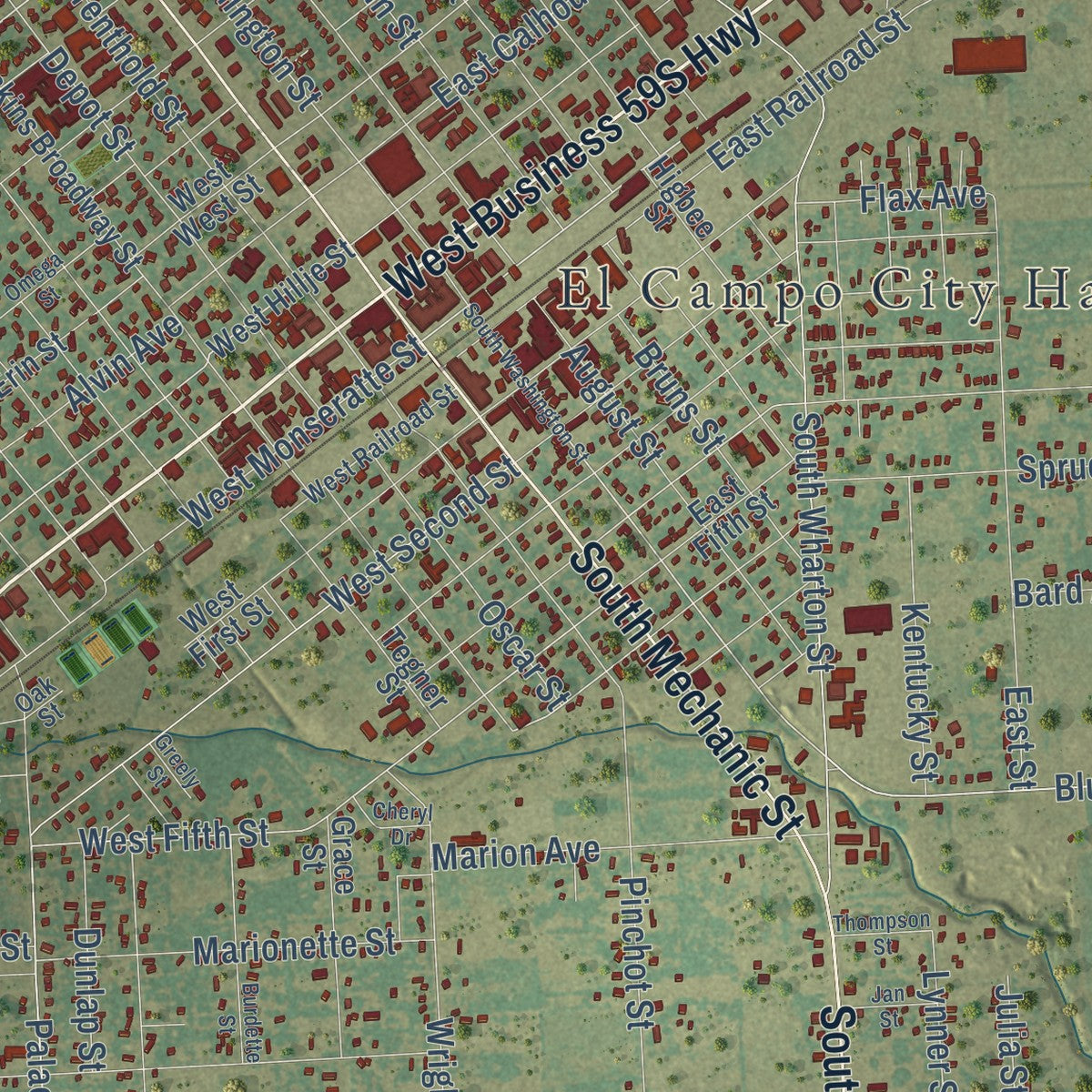 Close-up of the map of El Campo, Texas print showing street and building detail