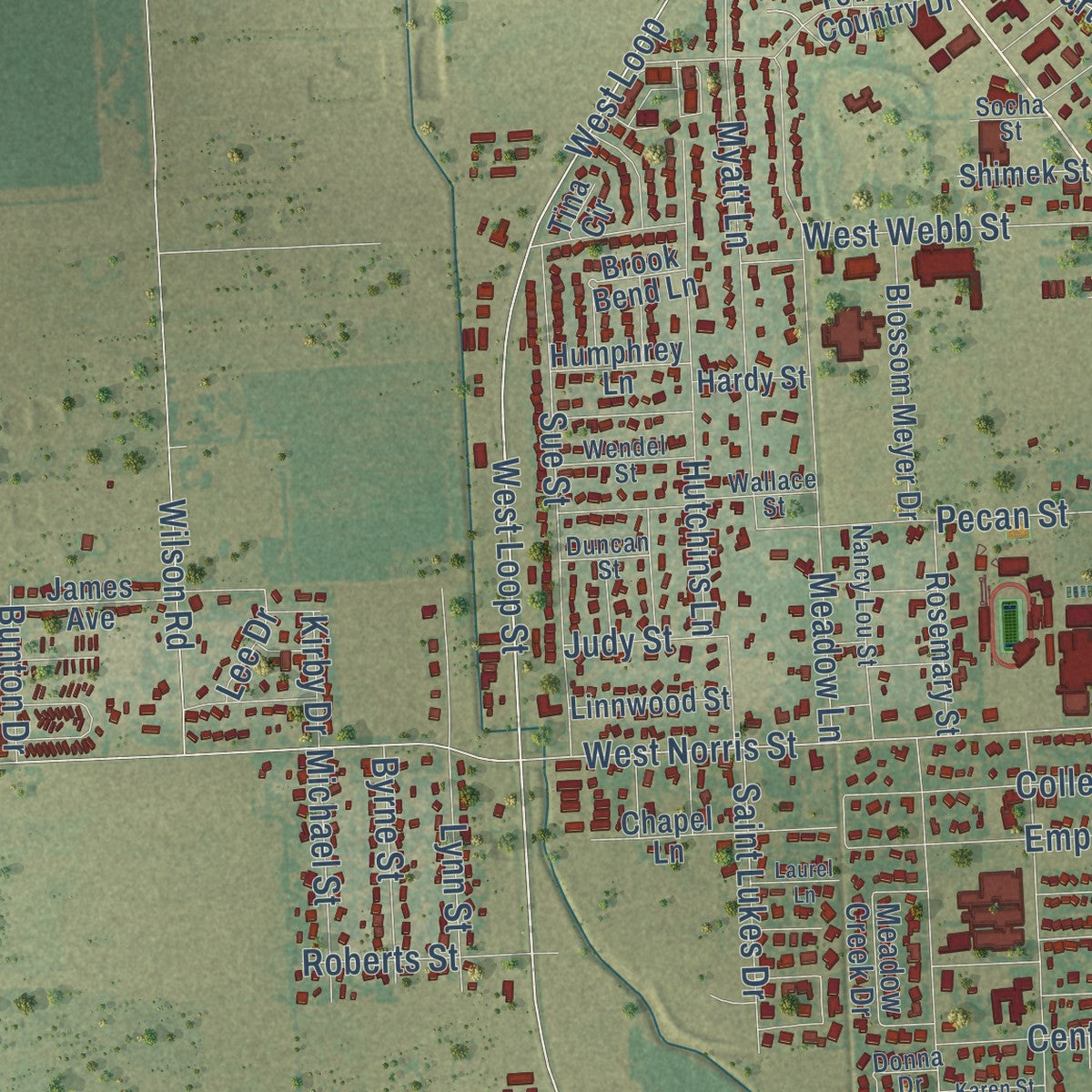 Second close-up of the map of El Campo, Texas print showing more streets and buildings