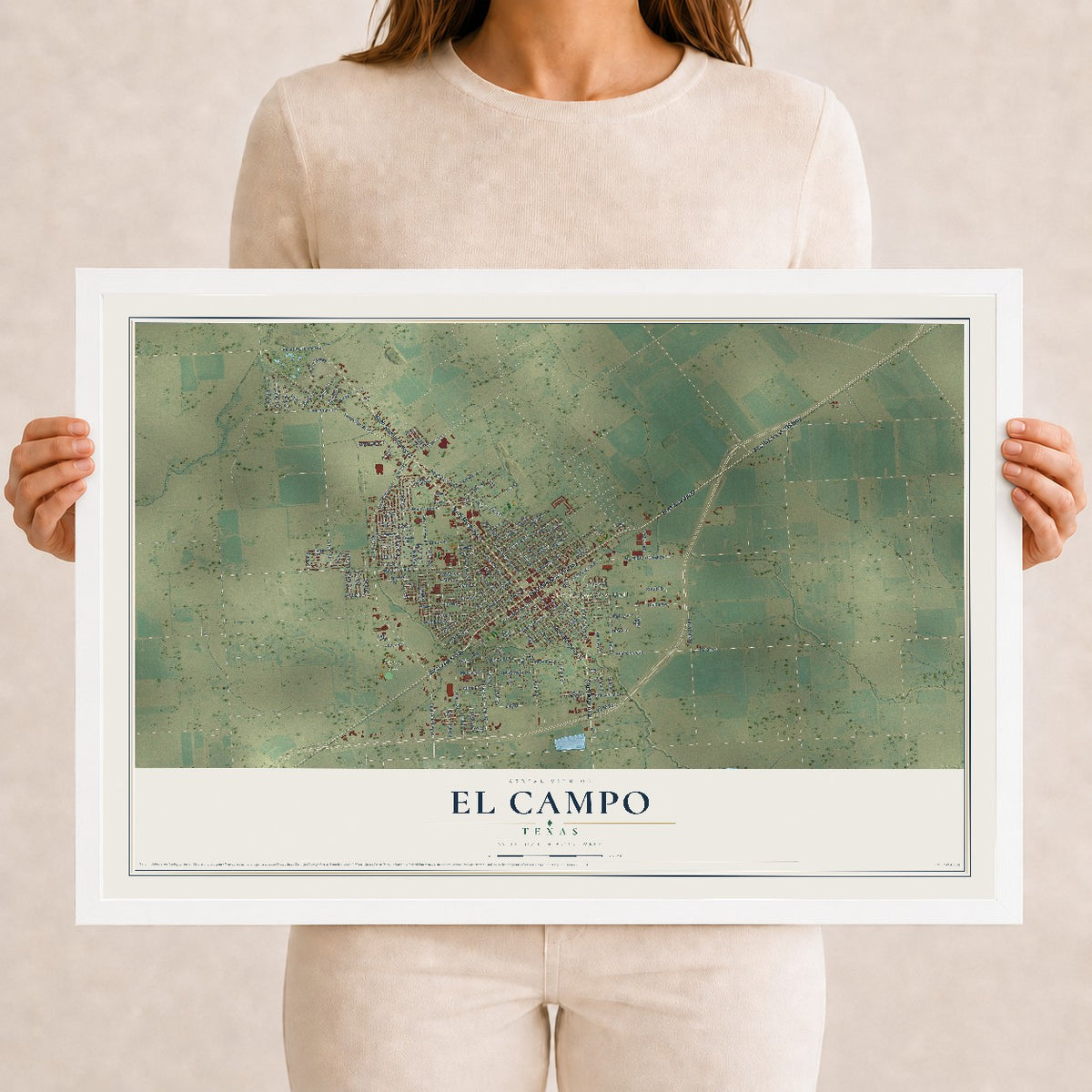 Map of El Campo, Texas, 12 x 18 inch print in a white wood frame