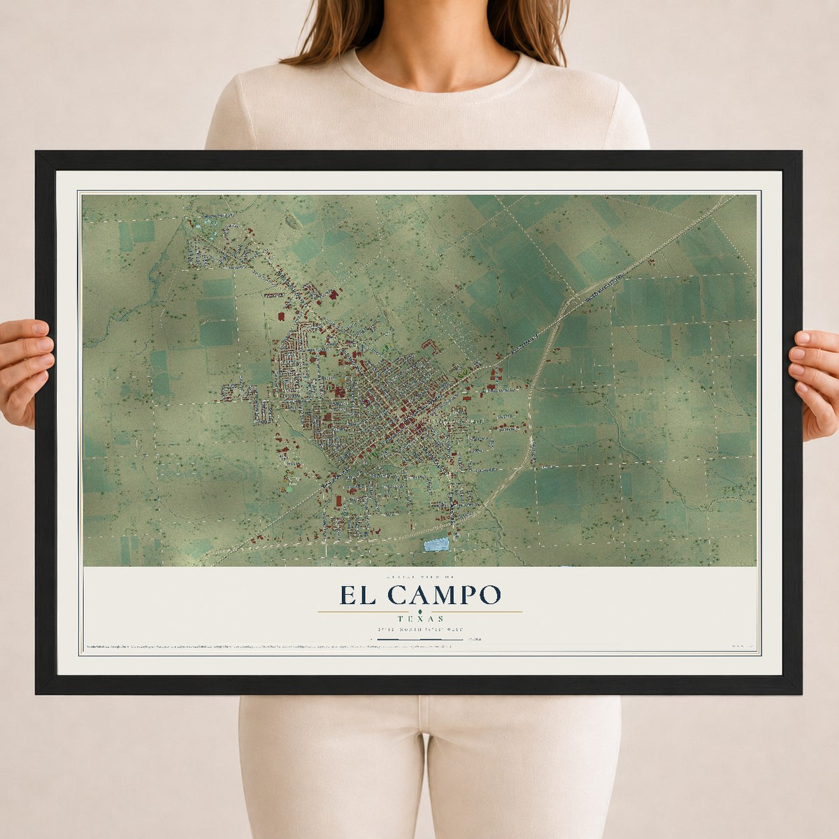 Map of El Campo, Texas, 18 x 24 inch print in a black wood frame