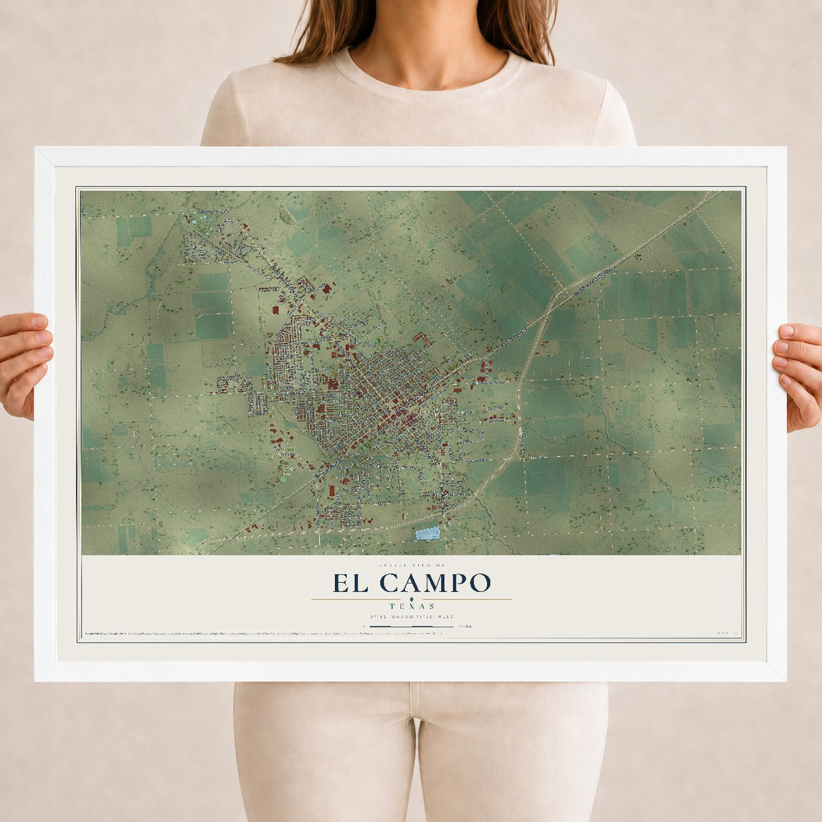 Map of El Campo, Texas, 18 x 24 inch print in a white wood frame