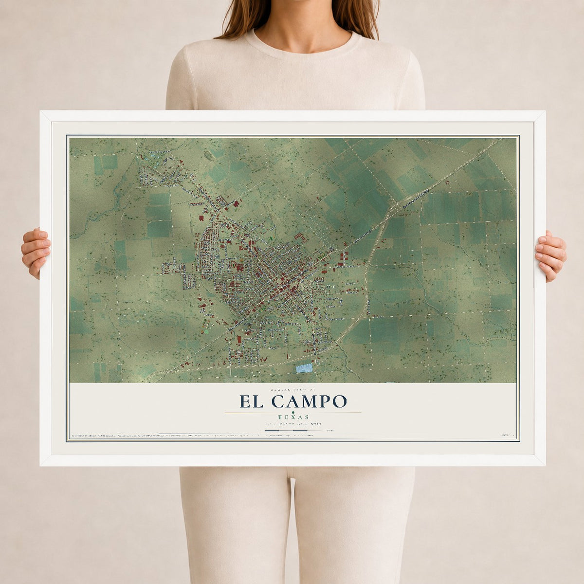 Map of El Campo, Texas, 24 x 36 inch print in a white wood frame