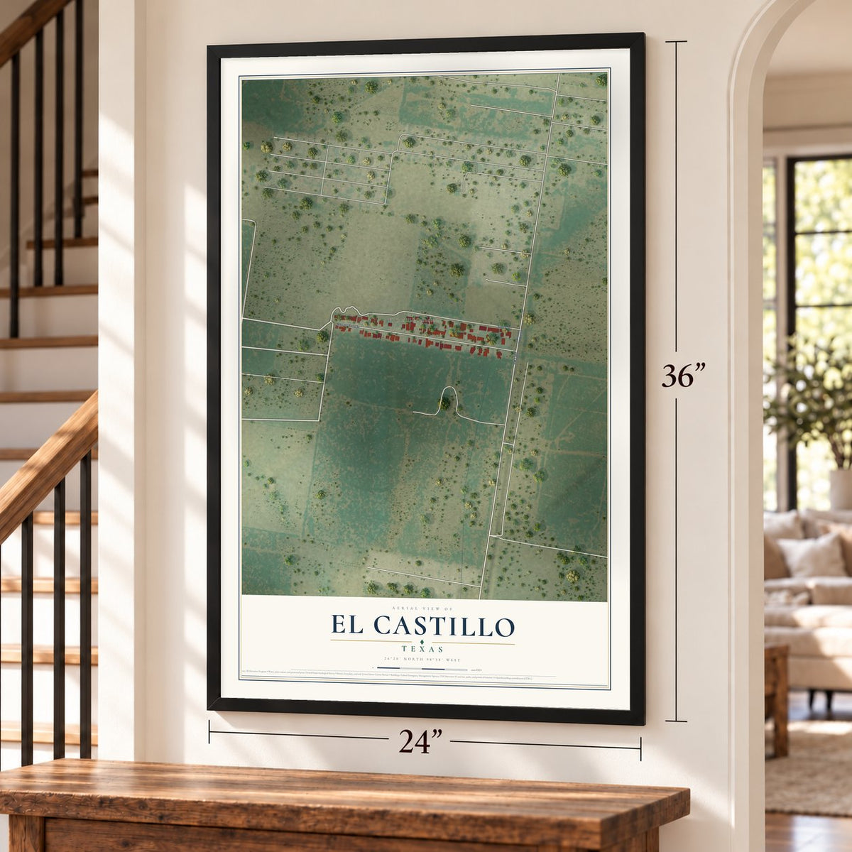 El Castillo, Texas map, 24 x 36 inch print in a black frame by a staircase
