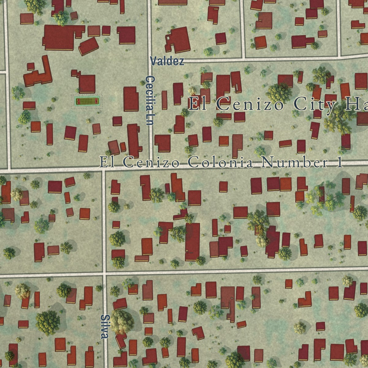 Second close-up of the map of El Cenizo, Texas print showing more streets and buildings