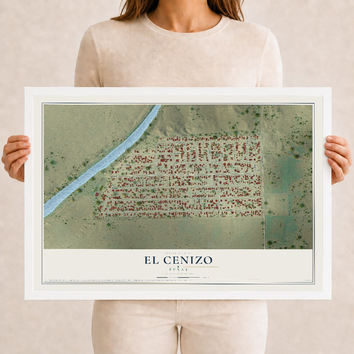 Map of El Cenizo, Texas, 12 x 18 inch print in a white wood frame