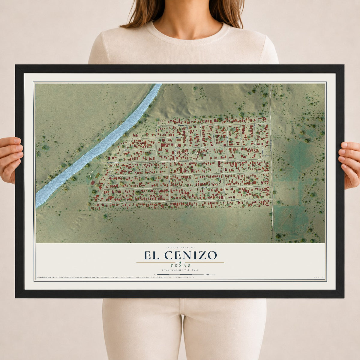 Map of El Cenizo, Texas, 18 x 24 inch print in a black wood frame