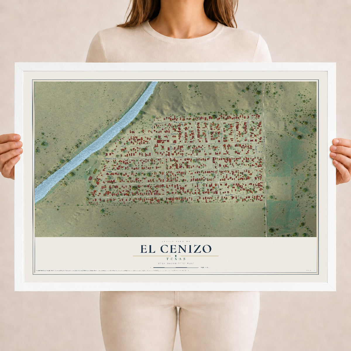 Map of El Cenizo, Texas, 18 x 24 inch print in a white wood frame