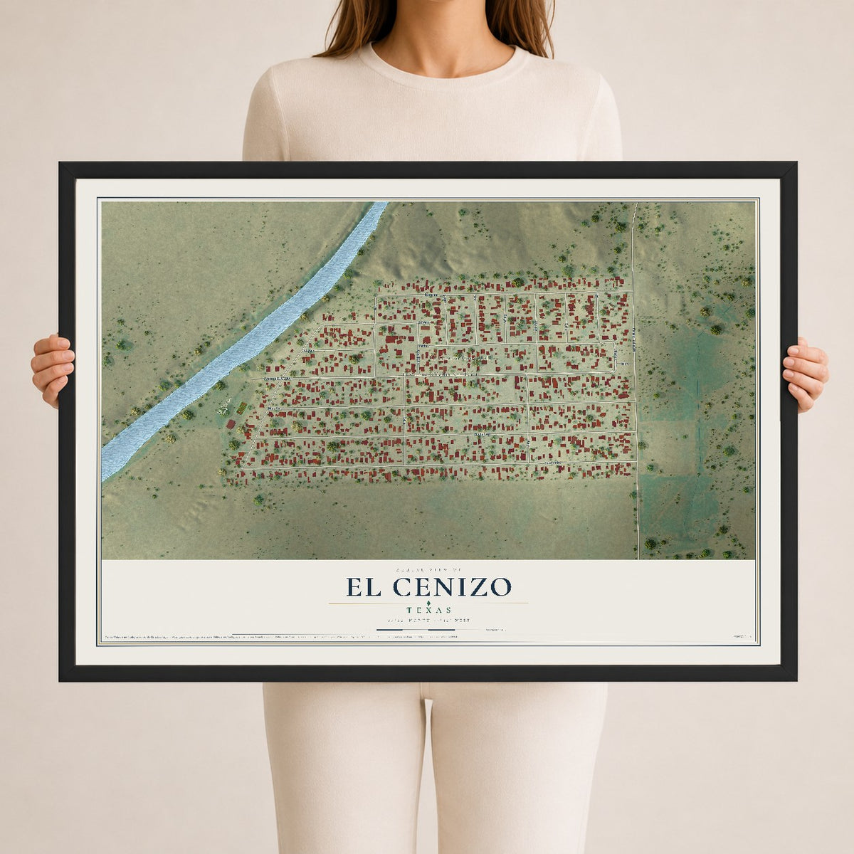 Map of El Cenizo, Texas, 24 x 36 inch print in a black wood frame