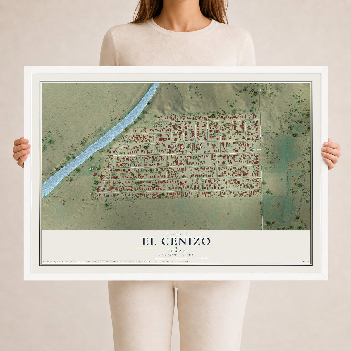 Map of El Cenizo, Texas, 24 x 36 inch print in a white wood frame