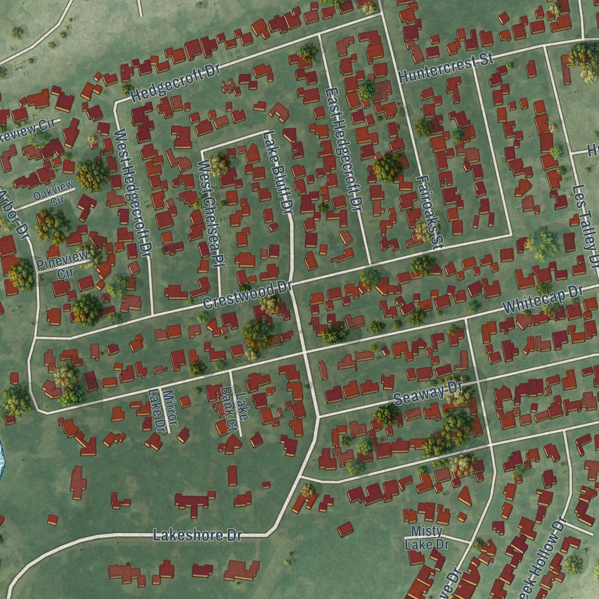 Close-up of the map of El Lago, Texas print showing street and building detail
