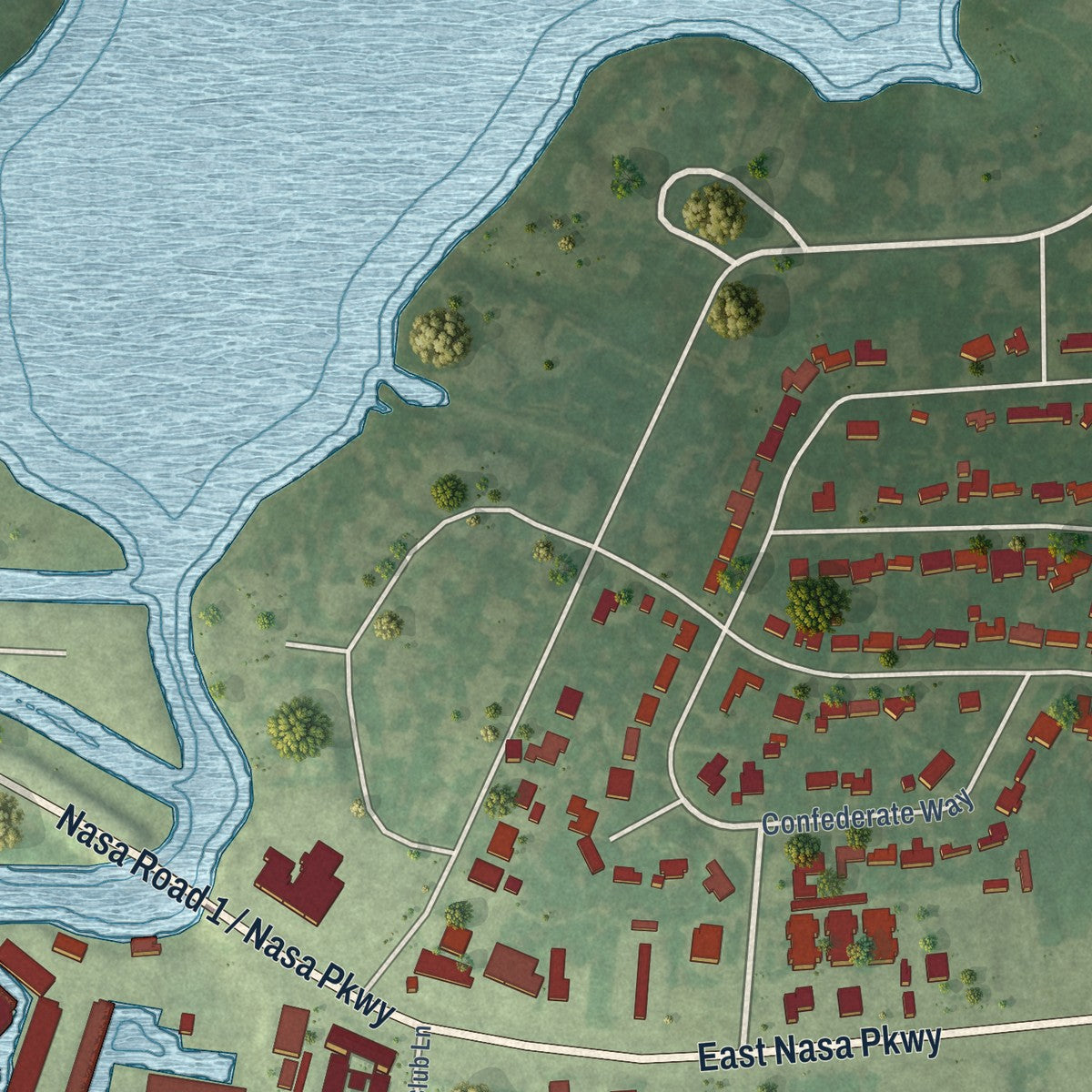 Second close-up of the map of El Lago, Texas print showing more streets and buildings