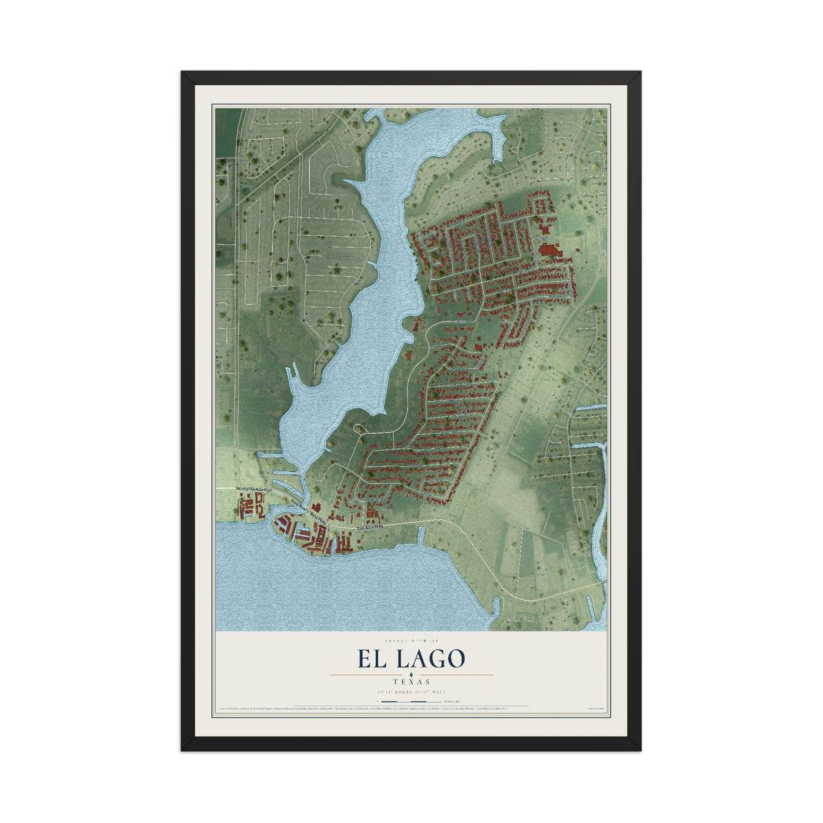Map of El Lago, Texas, 12 x 18 inch print in a black wood frame