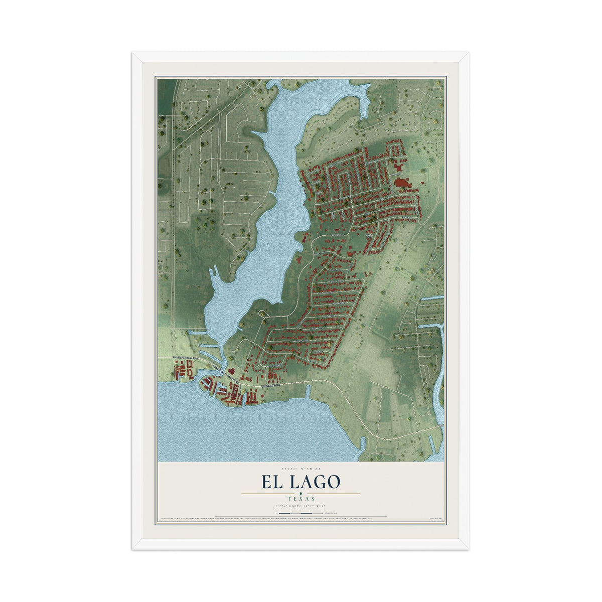 Map of El Lago, Texas, 12 x 18 inch print in a white wood frame