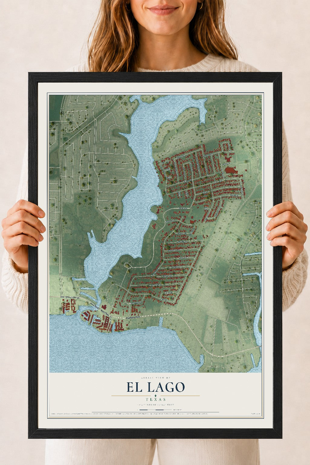 Map of El Lago, Texas, 18 x 24 inch print in a black wood frame