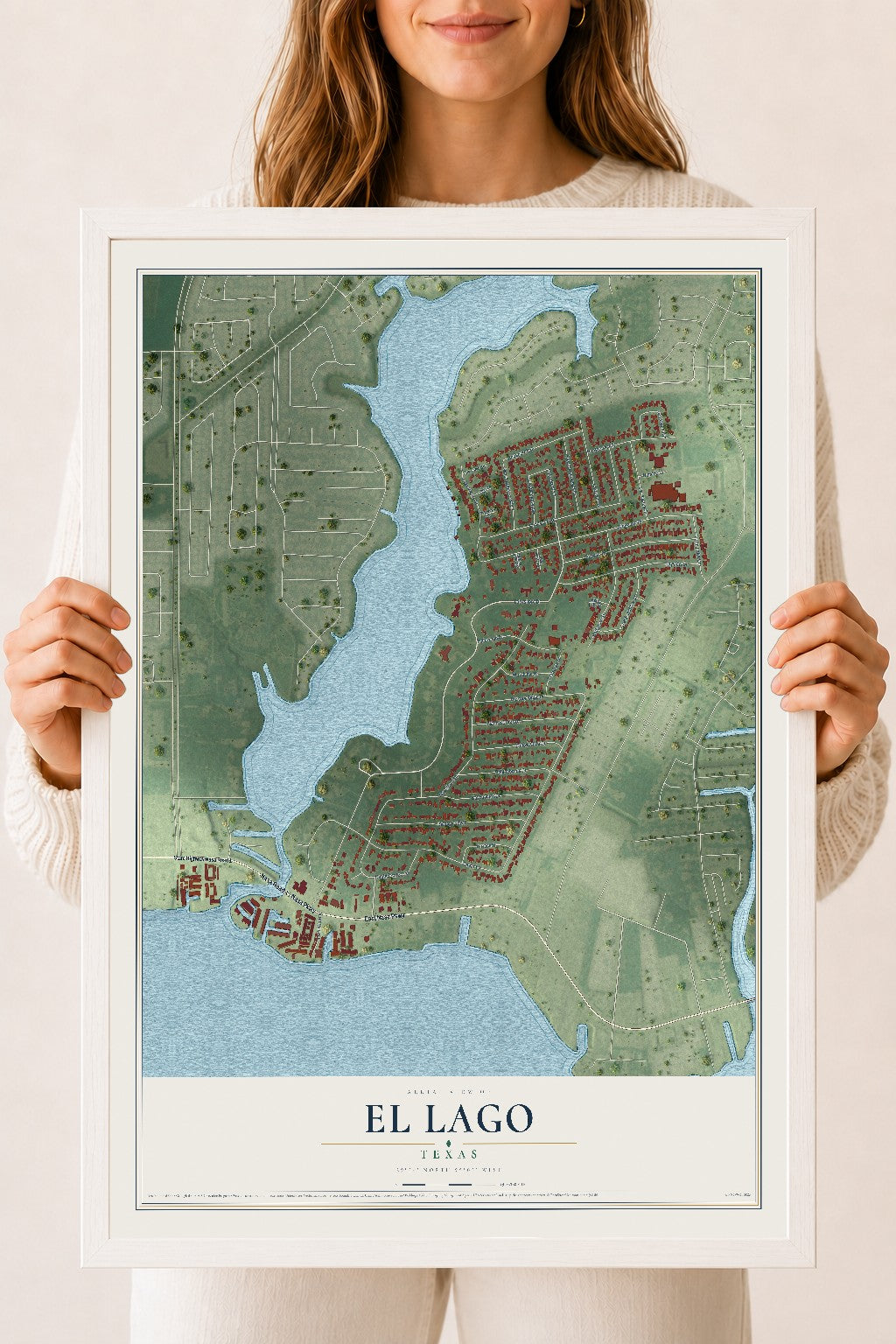 Map of El Lago, Texas, 18 x 24 inch print in a white wood frame