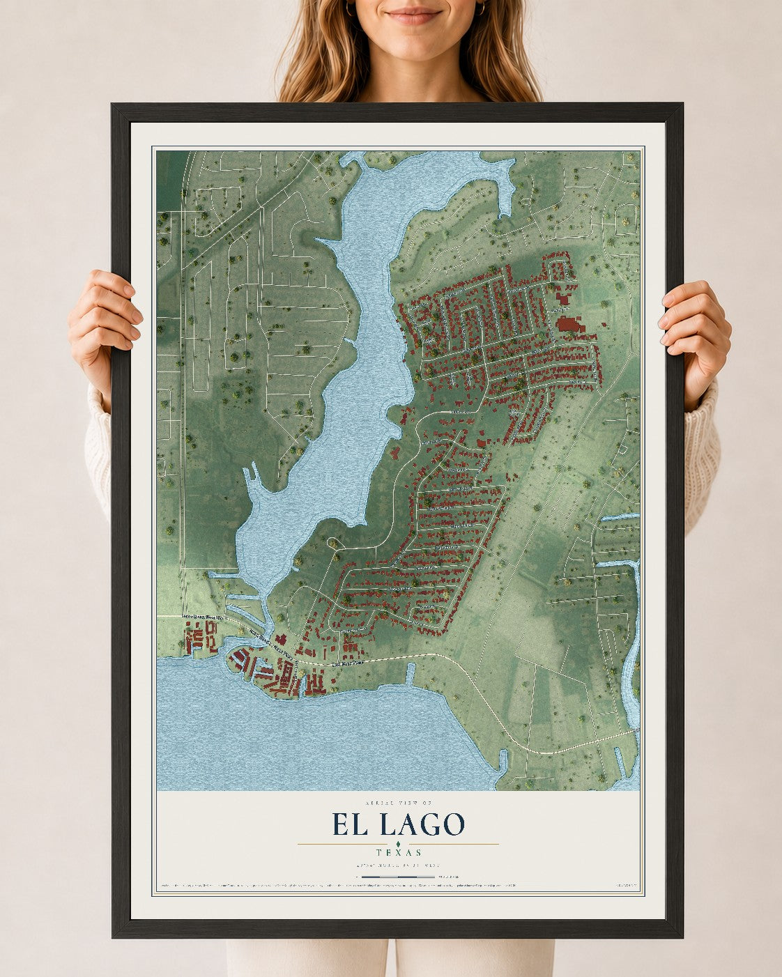 Map of El Lago, Texas, 24 x 36 inch print in a black wood frame
