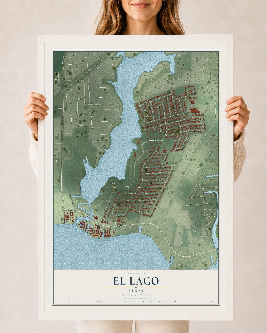 Map of El Lago, Texas, 24 x 36 inch print in a white wood frame