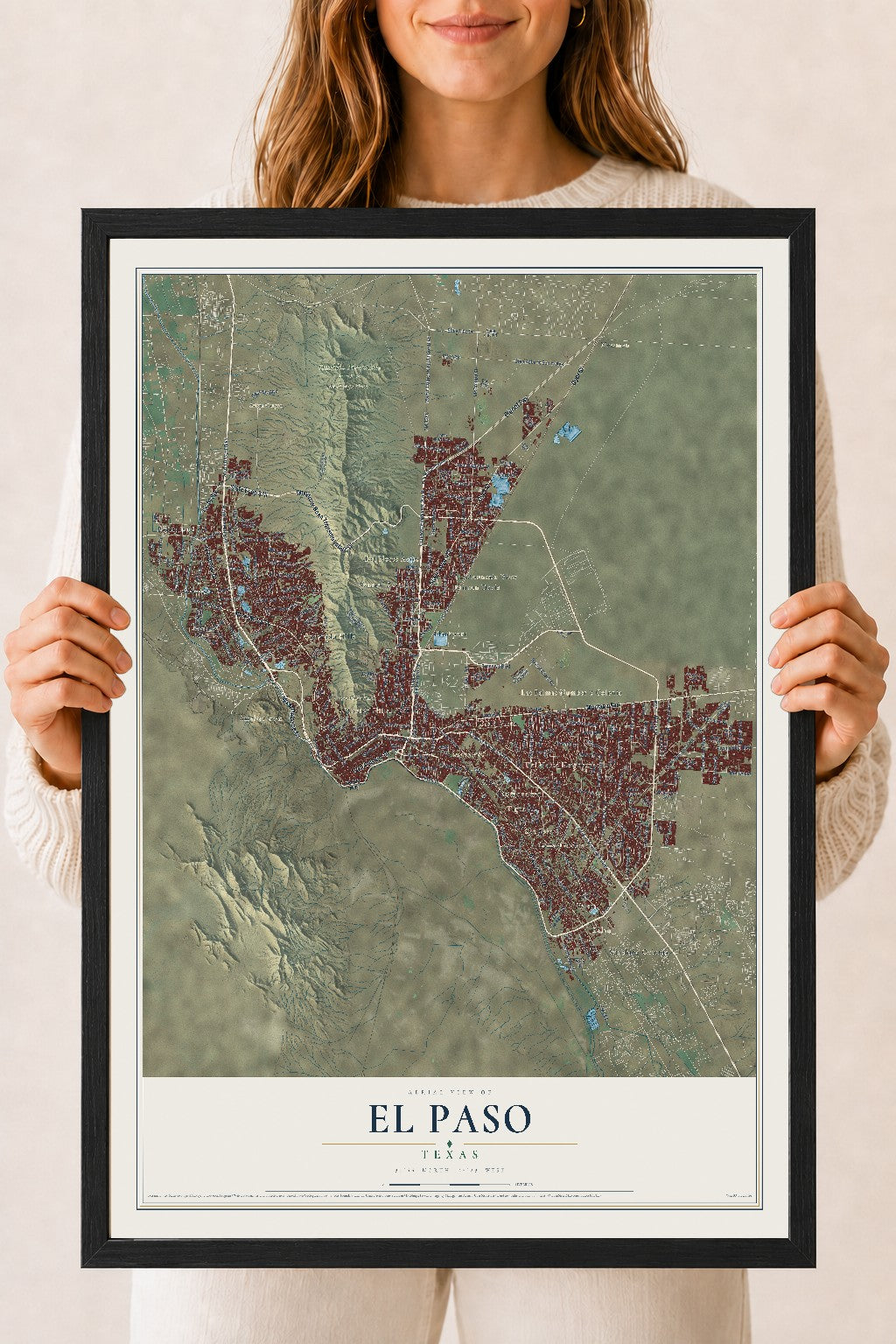 Map of El Paso, Texas, 18 x 24 inch print in a black wood frame