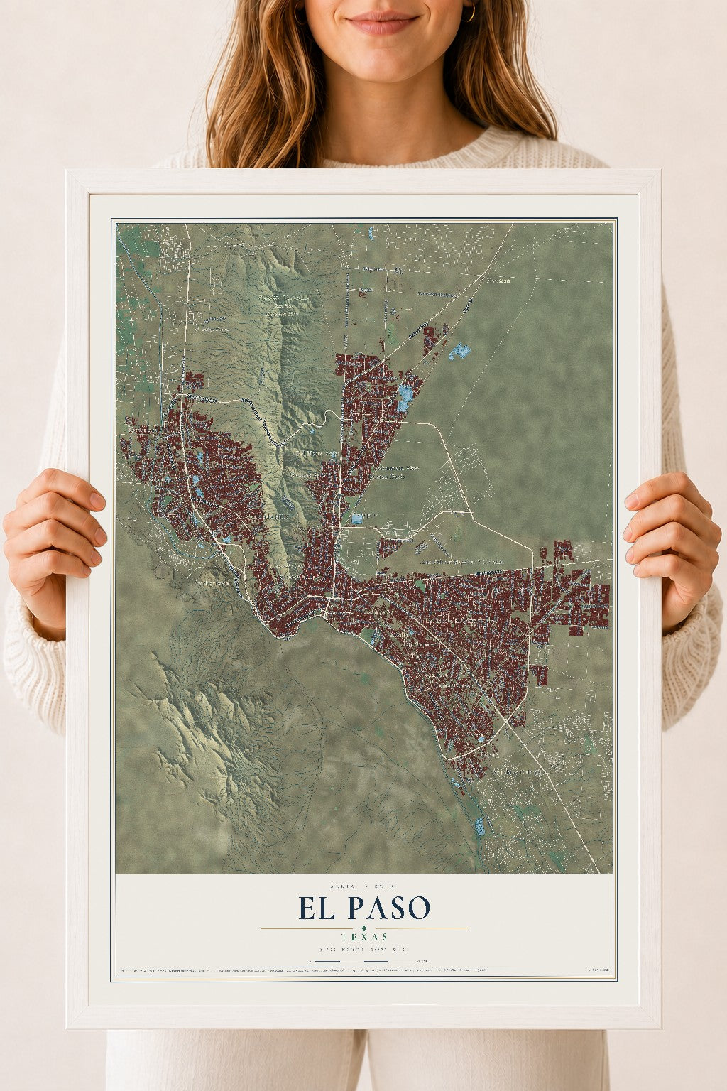 Map of El Paso, Texas, 18 x 24 inch print in a white wood frame
