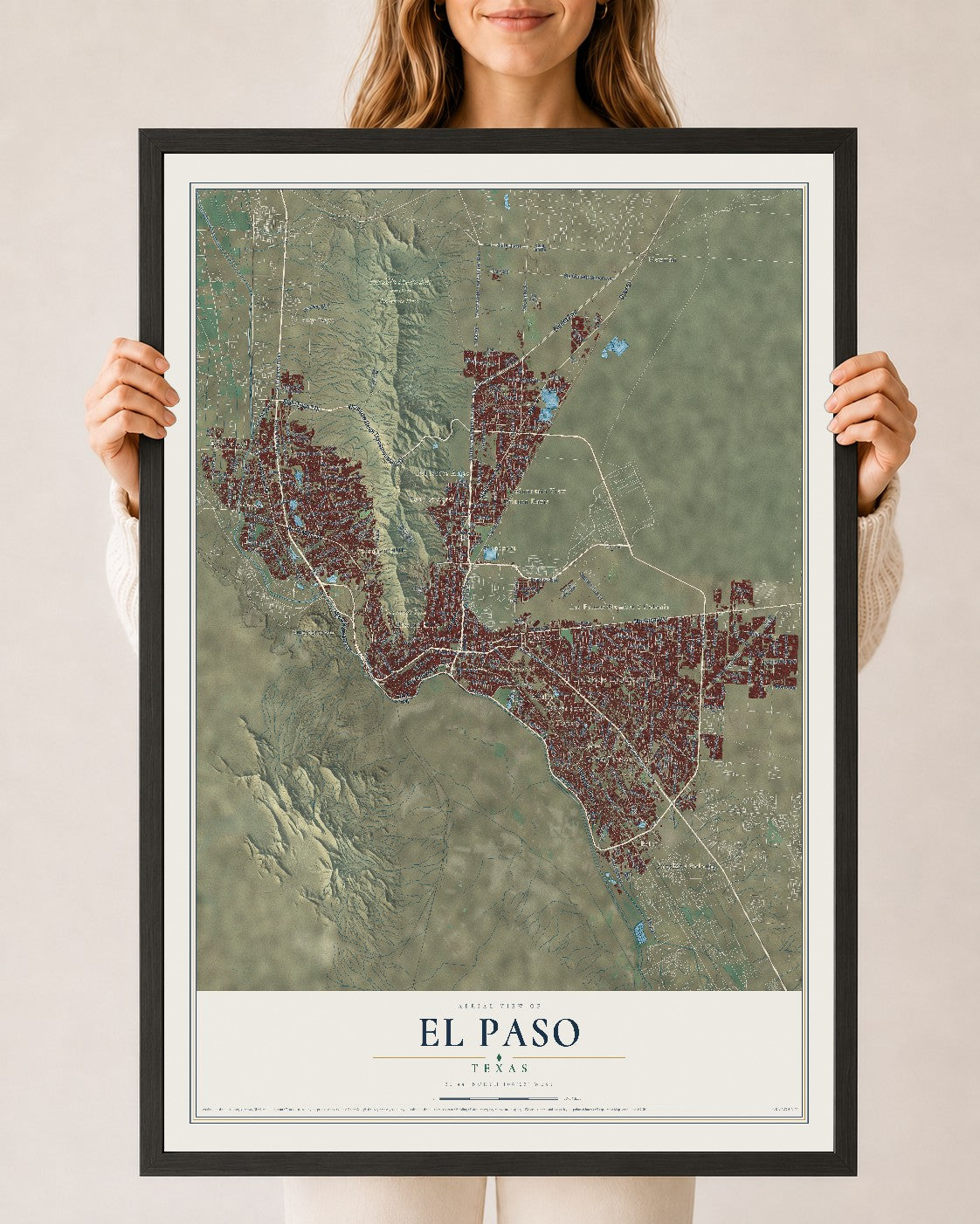 Map of El Paso, Texas, 24 x 36 inch print in a black wood frame