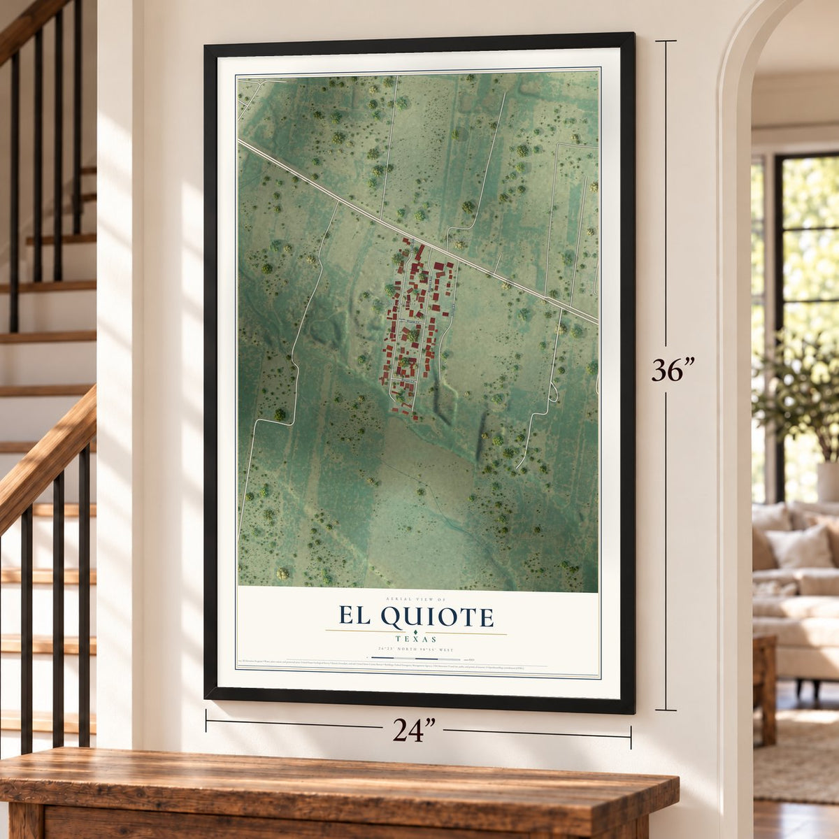El Quiote, Texas map, 24 x 36 inch print in a black frame by a staircase