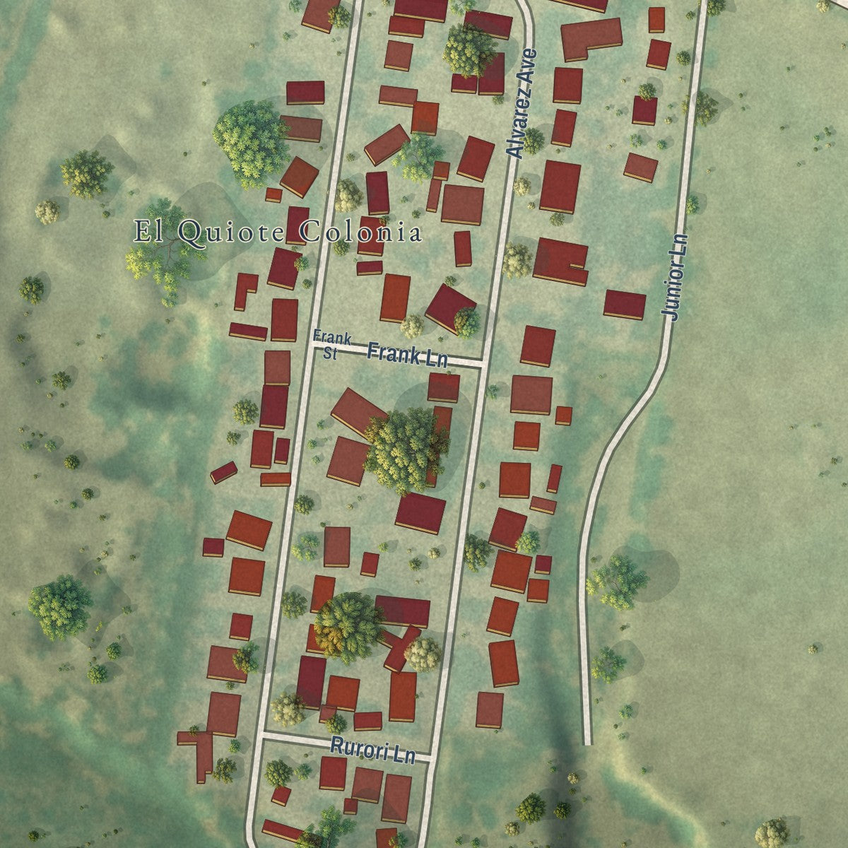 Close-up of the map of El Quiote, Texas print showing street and building detail