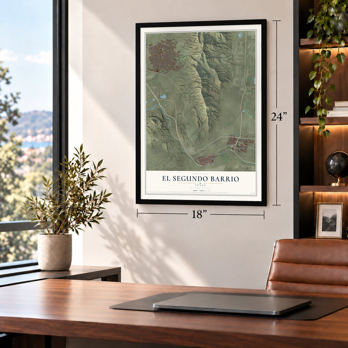 El Segundo Barrio, Texas map, 18 x 24 inch print in a black frame in a home office