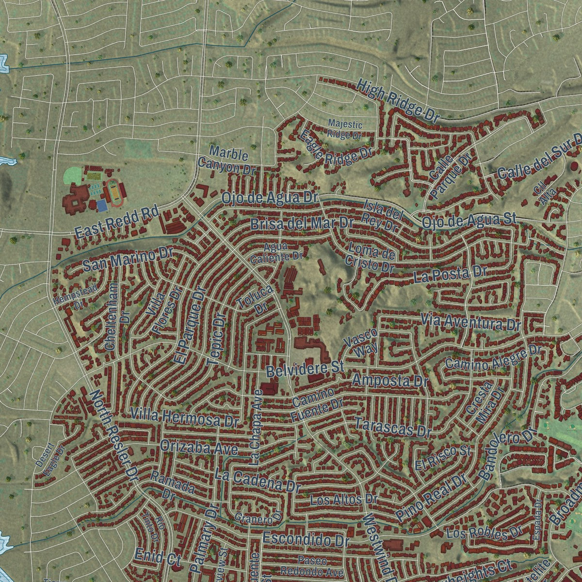 Close-up of the map of El Segundo Barrio, Texas print showing street and building detail