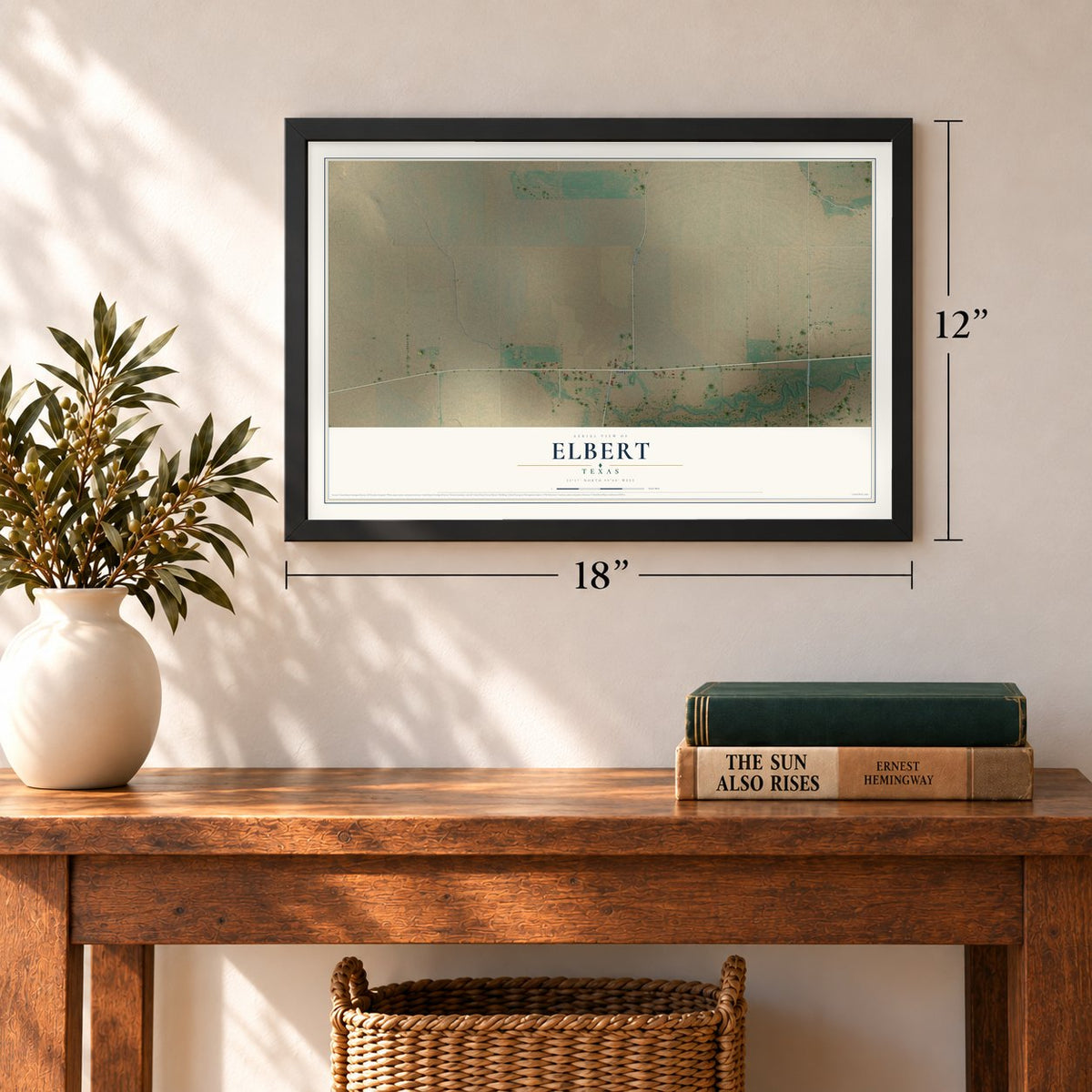 Elbert, Texas map, 12 x 18 inch print in a black frame in an entryway