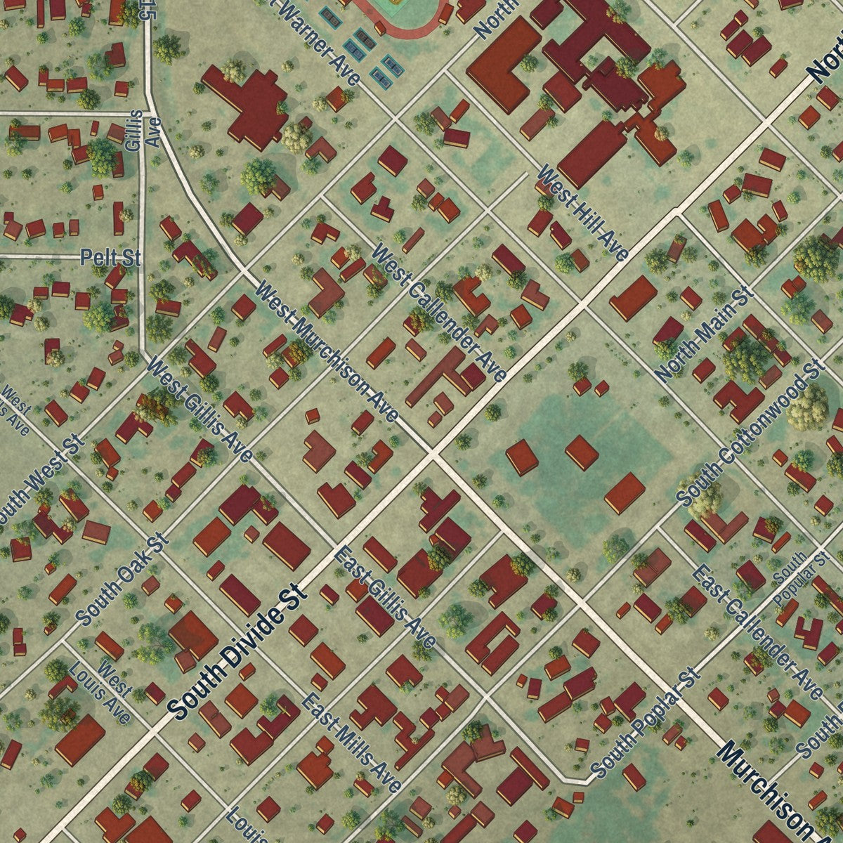 Close-up of the map of Eldorado, Texas print showing street and building detail