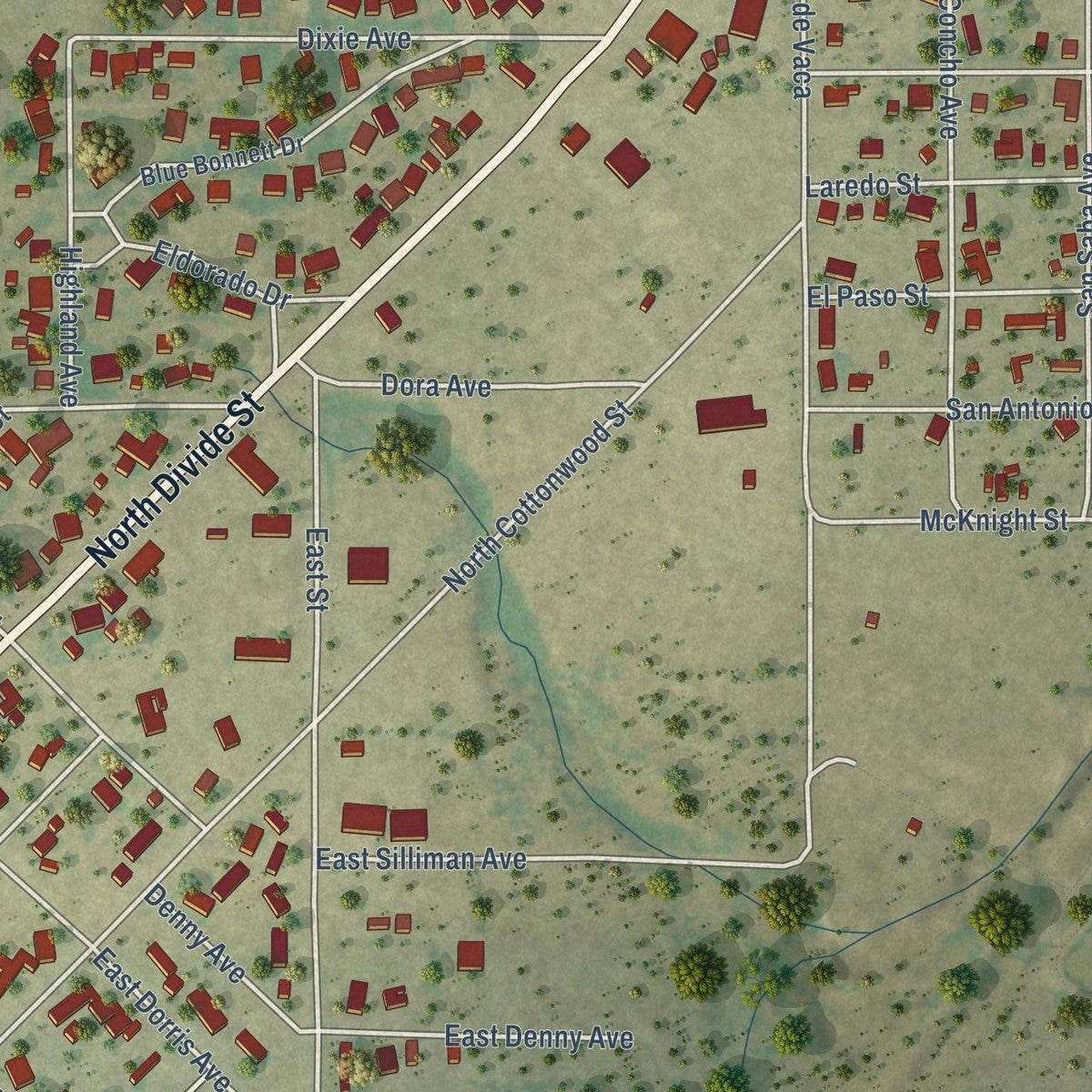Second close-up of the map of Eldorado, Texas print showing more streets and buildings