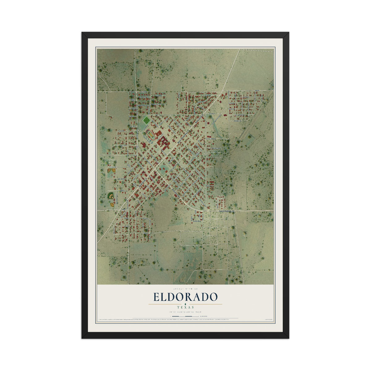 Map of Eldorado, Texas, 12 x 18 inch print in a black wood frame