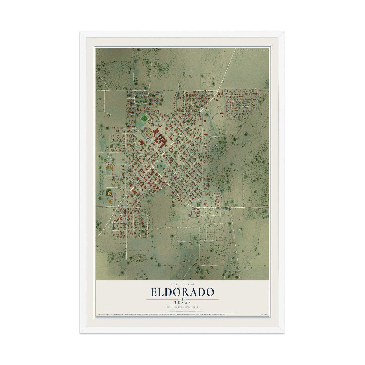 Map of Eldorado, Texas, 12 x 18 inch print in a white wood frame