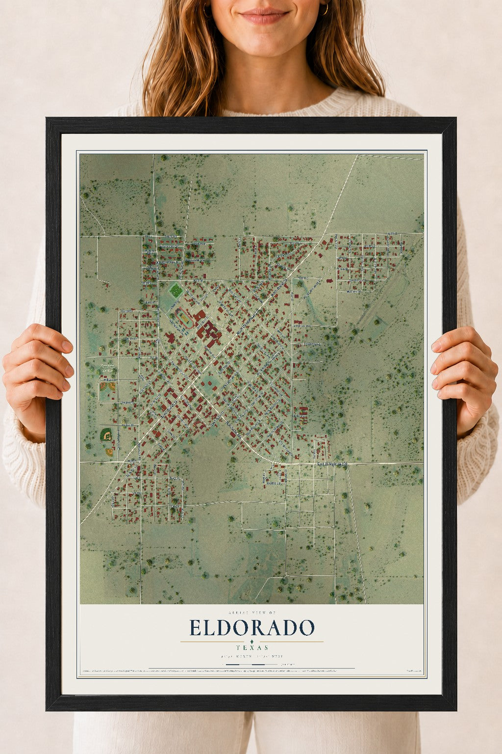 Map of Eldorado, Texas, 18 x 24 inch print in a black wood frame