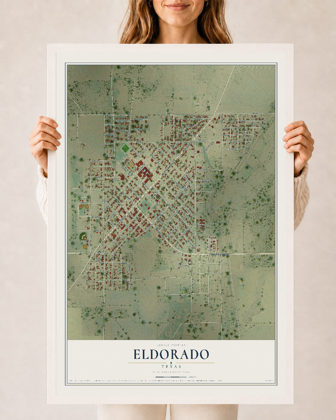 Map of Eldorado, Texas, 24 x 36 inch print in a white wood frame