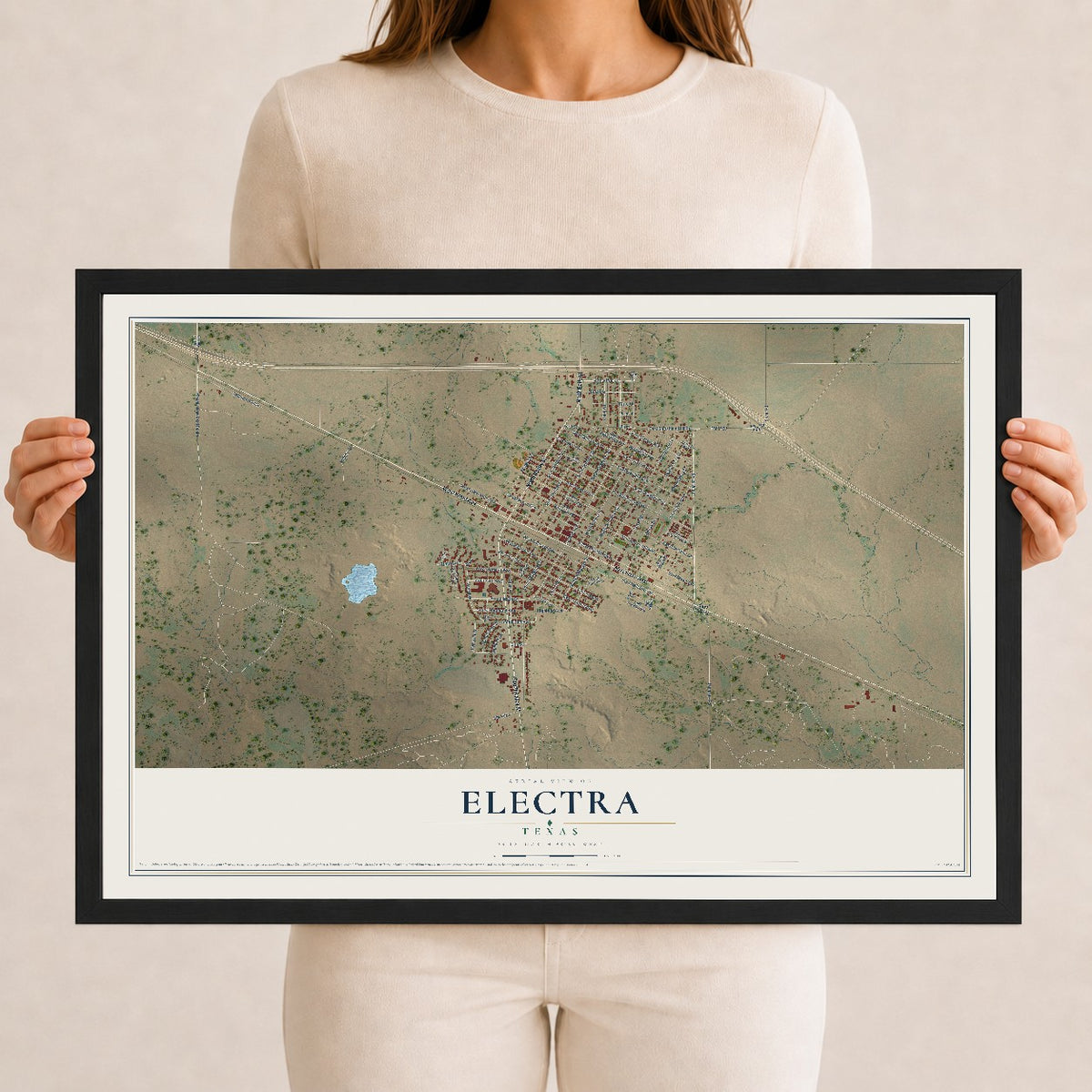 Map of Electra, Texas, 12 x 18 inch print in a black wood frame