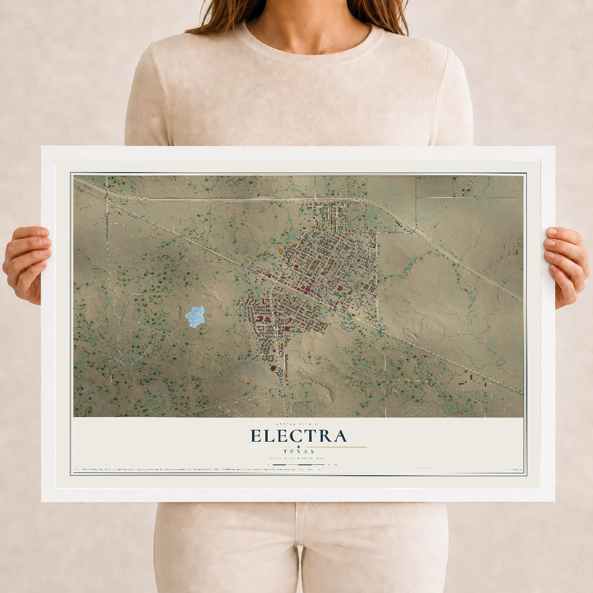 Map of Electra, Texas, 12 x 18 inch print in a white wood frame