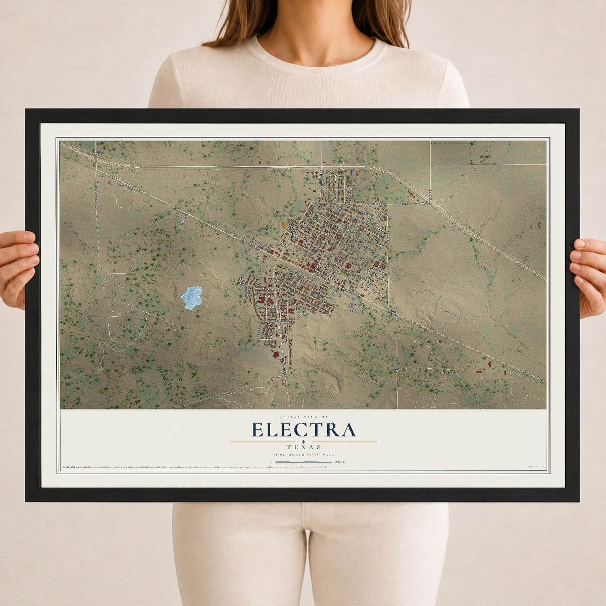 Map of Electra, Texas, 18 x 24 inch print in a black wood frame