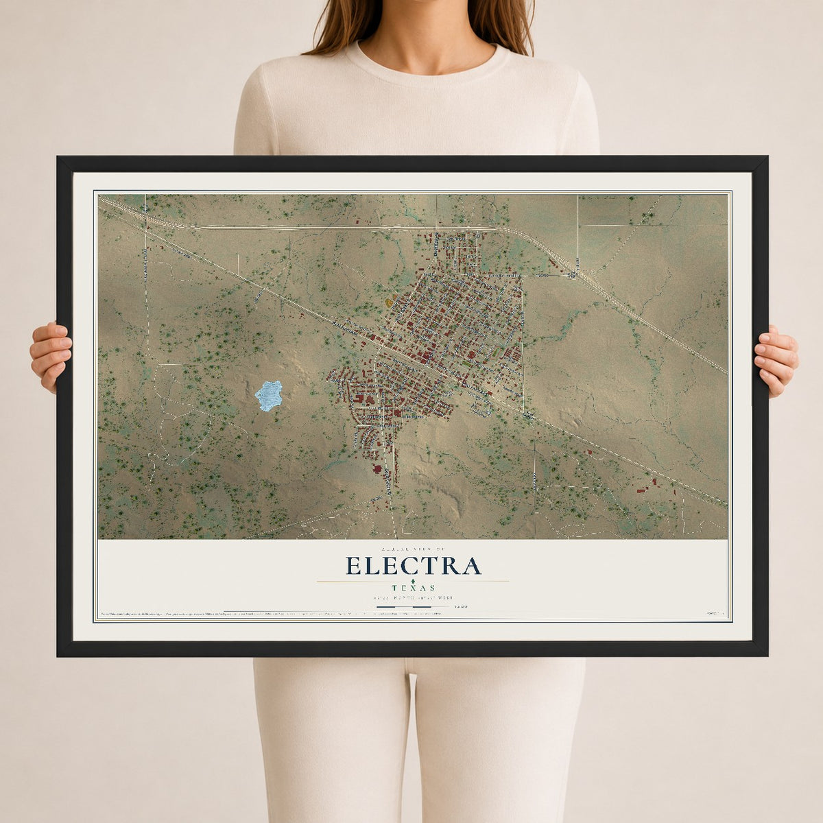 Map of Electra, Texas, 24 x 36 inch print in a black wood frame