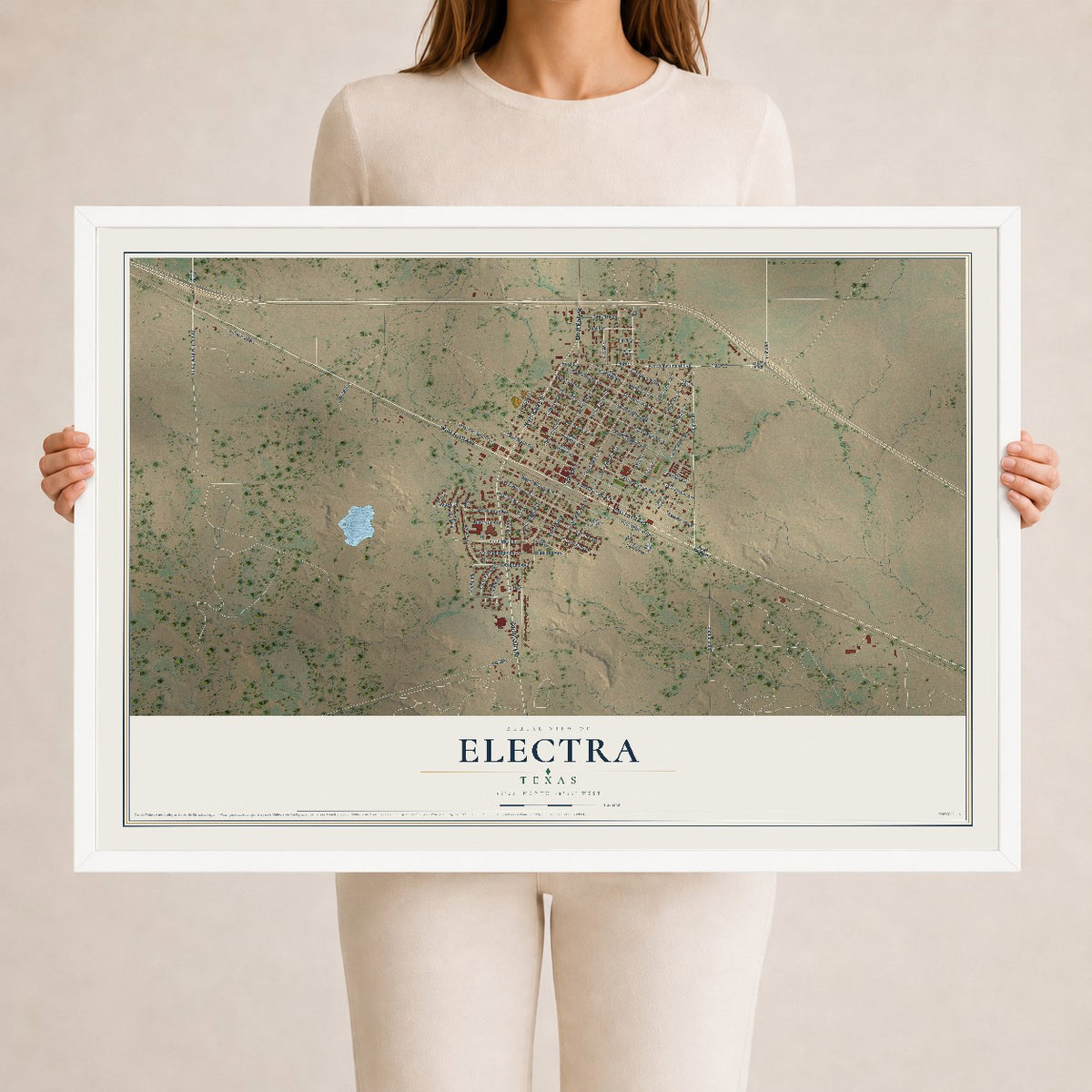 Map of Electra, Texas, 24 x 36 inch print in a white wood frame